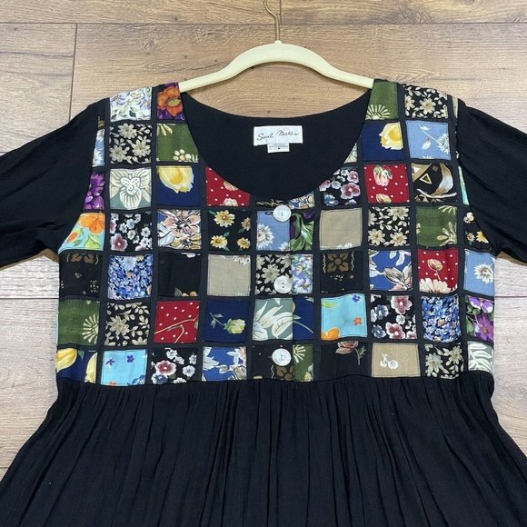 Vintage Patchwork Dress Womens M Multicolor Black Crinkle Textured Button Boho - Picture 2 of 12